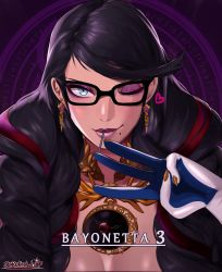 Rule 34 | 1girl, absurdres, bayonetta, bayonetta (series), bayonetta 3, black hair, braid, close-up, commentary, earrings, english commentary, glasses, gloves, gun, highres, jewelry, lipstick, long hair, looking at viewer, makeup, mole, mole under mouth, multicolored hair, portrait, red hair, ribbon, sarukaiwolf, simple background, smile, solo, streaked hair, twin braids, upper body, weapon
