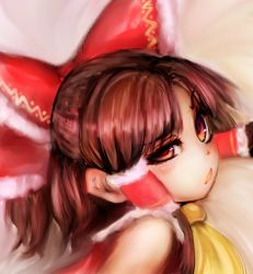 Rule 34 | 1girl, ascot, benikurage (cookie), blush, bow, brown eyes, brown hair, commentary request, cookie (touhou), frilled bow, frills, hair bow, hakurei reimu, half updo, highres, khn (kihana), long hair, looking at viewer, looking to the side, open mouth, parted bangs, raised eyebrow, red bow, solo, touhou, uneven eyes, upper body, yellow ascot