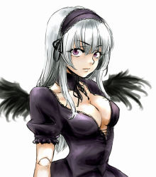 Rule 34 | 00s, 1girl, black wings, breasts, cleavage, doll joints, dress, goth fashion, hairband, joints, long hair, osakana (denpa yun&#039;yun), purple eyes, rozen maiden, silver hair, solo, suigintou, wings
