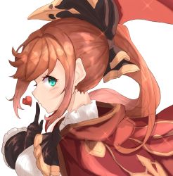 Rule 34 | 10s, 1girl, absurdres, black gloves, blush, breasts, brown hair, cape, clarisse (granblue fantasy), gloves, granblue fantasy, green eyes, heart, highres, long hair, looking at viewer, ponytail, ranf, ribbon, solo