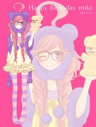 Rule 34 | 1girl, ahoge, bad id, bad pixiv id, bespectacled, braid, glasses, md5 mismatch, multicolored clothes, multicolored legwear, one eye closed, red eyes, red hair, sf-a2 miki, smile, snuggle (brand), snuggle bear, solo, striped clothes, striped thighhighs, thighhighs, twin braids, vocaloid, wink, wogura, zettai ryouiki, zoom layer