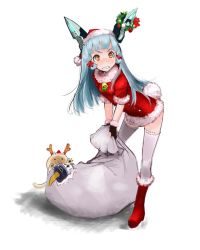 Rule 34 | 10s, 1girl, alternate costume, aqua hair, bell, black gloves, blunt bangs, christmas, dress, failure penguin, fingerless gloves, gloves, goichi, hat, holly, kantai collection, long hair, miss cloud, murakumo (kancolle), red dress, red eyes, sack, santa costume, santa hat, sidelocks, simple background, solo, tears, thighhighs, wavy mouth, white background, white thighhighs