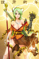 Rule 34 | 10s, 1girl, 2010, animal ears, armor, bone, breasts, claws, cleavage, green hair, japanese clothes, large breasts, lightning, long hair, satou shouji, solo, staff, tail, tiger ears, tiger tail, torn clothes