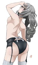 Rule 34 | 10s, 1girl, :o, arched back, arm up, ass, back, back focus, black panties, blush, bow, breasts, cowboy shot, curly hair, from behind, garter belt, garter straps, idolmaster, idolmaster cinderella girls, kanzaki ranko, looking back, open mouth, panties, profile, red eyes, see-through, shift (waage), signature, silver hair, simple background, solo, standing, thighhighs, topless, twintails, underwear, white background, white bow, white thighhighs