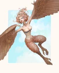Rule 34 | 1girl, bad id, bad pixiv id, breasts, brown hair, cleavage, douzen, harpy, highres, large breasts, monster girl, original, solo, winged arms, wings