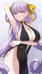 Rule 34 | 1girl, absurdres, arm up, armpits, bare shoulders, bb dubai (fate), black dress, blush, braid, braided hair rings, breasts, center opening, cleavage, dress, fate/grand order, fate (series), hair ribbon, hair rings, highres, jewelry, large breasts, long hair, looking at viewer, necklace, purple eyes, purple hair, ribbon, side slit, smile, solo, thighs, twin braids, very long hair, wa layla, yellow ribbon