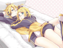 Rule 34 | 1boy, 1girl, ass, bandaid, bandaid on face, bandaid on nose, bass clef, blonde hair, blue eyes, blush, bow, brother and sister, buruma, gym shorts, hair bow, hair ornament, hairclip, headphones, jacket, kagamine len, kagamine rin, looking back, lying, lying on person, musical note, on back, one eye closed, open mouth, patterned background, project diva (series), shoes, short hair, short shorts, shorts, siblings, suzumi (fallxalice), sweatdrop, track jacket, treble clef, twins, uwabaki, vocaloid