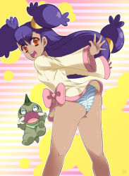 Rule 34 | 10s, 1girl, ass, axew, bent over, creatures (company), dark skin, fangs, female focus, flat chest, game freak, gen 5 pokemon, gym leader, happy, iris (pokemon), long hair, nintendo, open mouth, orange eyes, panties, pantyshot, pokemon, pokemon (creature), pokemon bw, purple hair, smile, striped clothes, striped panties, twintails, underwear, very long hair