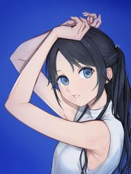 Rule 34 | 1girl, absurdres, armpits, arms up, black hair, blouse, blue background, blue eyes, breasts, hair ornament, highres, idolmaster, idolmaster shiny colors, long hair, mitsumine yuika, nail polish, open mouth, parted bangs, ponytail, shirt, short sleeves, sjuno, small breasts, solo, turtleneck, white shirt