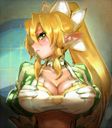 Rule 34 | 10s, 1girl, blonde hair, bow (bhp), breasts, cleavage, green eyes, large breasts, leafa, long hair, pointy ears, ponytail, solo, sword art online, upper body
