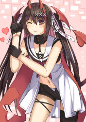 Rule 34 | 1girl, ;), bad id, bad pixiv id, bare shoulders, black gloves, black hair, black shorts, blush, brown eyes, closed mouth, commentary request, demon girl, demon horns, demon tail, demon wings, dress, gloves, hair between eyes, hair ornament, half gloves, hand up, head wings, horns, index finger raised, long hair, multicolored hair, navel, noripro, one eye closed, ouma kirara, red hair, red wings, sailor collar, sailor dress, short shorts, shorts, sleeveless, sleeveless dress, smile, solo, streaked hair, tail, tukino neru, two-tone hair, two side up, very long hair, virtual youtuber, white dress, white sailor collar, wings, x hair ornament