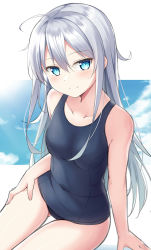 Rule 34 | 1girl, bare shoulders, blue eyes, blue one-piece swimsuit, blue sky, blush, breasts, cloud, collarbone, commentary request, covered navel, gluteal fold, hair between eyes, hibiki (kancolle), highres, kantai collection, kohakope, long hair, looking at viewer, old school swimsuit, one-piece swimsuit, school swimsuit, silver hair, sitting, sky, small breasts, smile, solo, swimsuit