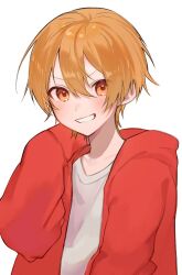 Rule 34 | 1boy, blush, collarbone, hair between eyes, hand up, highres, hood, hoodie, long sleeves, looking at viewer, male focus, open clothes, open hoodie, orange eyes, orange hair, project sekai, puffy long sleeves, puffy sleeves, red hoodie, shirt, short hair, simple background, smile, solo, standing, t-shirt, teeth, tenma tsukasa, toramata4, v-shaped eyebrows, white background, white shirt