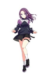 Rule 34 | 1girl, absurdres, artist request, breasts, casual, earrings, full body, half-skirt, highres, jewelry, leg belt, long hair, looking at viewer, magicami, medium breasts, official art, purple eyes, purple hair, shoes, shorts, smile, sneakers, socks, sodeshiro seira, standing, standing on one leg, sweater, transparent background, white socks