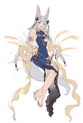 Rule 34 | 1girl, alternate costume, alternate hairstyle, animal ears, armlet, backless dress, backless outfit, bare shoulders, blue dress, blue eyes, braid, breasts, dress, folding fan, fox ears, fox girl, fox tail, full body, granblue fantasy, hair ornament, hair tubes, hand fan, highres, holding, holding fan, long hair, looking at viewer, medium breasts, open mouth, shawl, shimatani azu, simple background, sleeveless, sleeveless dress, smile, societte (granblue fantasy), solo, tail, twin braids, wedge heels, white background, white footwear, white hair