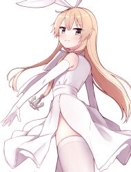 Rule 34 | 1girl, absurdres, blonde hair, blush, closed mouth, cowboy shot, dress, elbow gloves, gloves, hair between eyes, highres, kantai collection, light smile, long hair, official alternate costume, shimakaze (kancolle), simple background, sleeveless, sleeveless dress, solo, thighhighs, tiemu (man190), white background, white dress, white thighhighs, yellow eyes