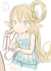 Rule 34 | 1girl, arrow (symbol), bare shoulders, blonde hair, blue eyes, charlotta (granblue fantasy), curly hair, eyes visible through hair, granblue fantasy, harvin, harvin, long hair, looking at another, pointy ears, see-through, solo focus, walkalone