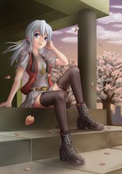 Rule 34 | 1girl, absurdres, ankle boots, arm support, belt, black thighhighs, boots, cherry blossoms, cross-laced footwear, funami dingo, grey eyes, grey hair, hand in own hair, high heels, highres, lace-up boots, original, petals, skirt, smile, solo, stairs, thighhighs, vest