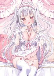 Rule 34 | 1girl, blush, bow, breasts, clothes lift, dress, garter straps, gloves, grey hair, hair ornament, hairband, highres, large breasts, lifted by self, lolita hairband, long hair, looking at viewer, mole, mole on breast, open mouth, original, panties, pink bow, pink panties, red eyes, sitting, skirt, skirt lift, solo, tenti0619, thighhighs, transparent gloves, underwear, white dress, white thighhighs