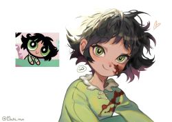 Rule 34 | 1girl, artist name, black hair, blood, blood on clothes, blood on face, buttercup (ppg), buttercup redraw challenge (meme), derivative work, green eyes, green pajamas, heart, highres, looking at viewer, meme, messy hair, mochi mun, pajamas, powerpuff girls, reference inset, screenshot inset, screenshot redraw, shadow, simple background, smile, solo, white background