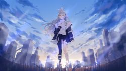 Rule 34 | 1girl, absurdres, asymmetrical legwear, building, cloud, cloudy sky, grass, highres, jacket, kumagai yuka, long hair, long sleeves, looking at viewer, official art, open clothes, open jacket, outdoors, pants, qualia qu, re:act, second-party source, sky, skyscraper, solo, uneven legwear, virtual youtuber, white hair, yellow eyes