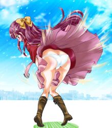 Rule 34 | 1girl, ass, blue sky, blush, boots, bow, brown footwear, butt crack, cloud, commission, cross-laced footwear, from behind, full body, hair bow, hakama, hakama hold, hakama skirt, highres, japanese clothes, kamikaze (kancolle), kantai collection, kimono, kneepits, lace-up boots, looking at viewer, looking back, meiji schoolgirl uniform, nose blush, panties, pantyshot, pixiv commission, purple eyes, purple hair, red kimono, skirt, sky, solo, tachibana hiroki, tasuki, underwear, white panties, wind, wind lift, yellow bow