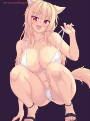 Rule 34 | 1girl, animal ear fluff, animal ears, artist name, bikini, blush, breasts, cleavage, collarbone, commentary request, flower-shaped pupils, highres, large breasts, navel, nottytiffy, open mouth, original, purple background, red eyes, sandals, smile, solo, squatting, stomach, strap pull, swimsuit, symbol-shaped pupils, tail, tiffy (nottytiffy), toes, tongue, white bikini