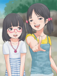 Rule 34 | 2girls, abcnoa, blush, female focus, glasses, multiple girls, outdoors, pointing, short hair, twintails