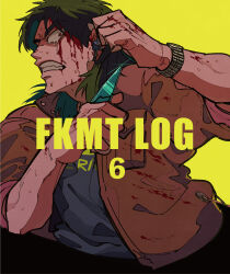 Rule 34 | 1boy, black hair, black shirt, blood, blood on face, blood on hands, brown eyes, brown jacket, clenched teeth, commentary request, crying, crying with eyes open, glass shards, highres, holding, holding knife, inudori, itou kaiji, jacket, kaiji, knife, long hair, looking to the side, male focus, medium bangs, open clothes, open jacket, self-harm, shirt, simple background, sleeves rolled up, solo, tears, teeth, upper body, watch, wristwatch, yellow background