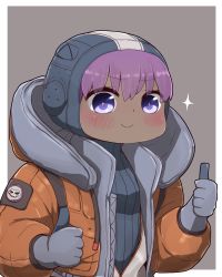 Rule 34 | 1girl, apex legends, blue sweater, blush, brown jacket, closed mouth, cosplay, dark-skinned female, dark skin, double thumbs up, fate/prototype, fate/prototype: fragments of blue and silver, fate (series), gloves, grey background, grey gloves, hair between eyes, hassan of serenity (fate), highres, hood, hood down, hood up, hooded jacket, i.u.y, jacket, long sleeves, open clothes, open jacket, puffy long sleeves, puffy sleeves, purple eyes, purple hair, ribbed sweater, smile, solo, sparkle, sweater, thumbs up, two-tone background, upper body, wattson (apex legends), wattson (apex legends) (cosplay), white background