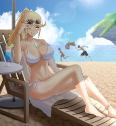 Rule 34 | 1girl, absurdres, adjusting eyewear, alternate costume, arm up, barefoot, beach, bikini, blonde hair, blush, breasts, chair, cleavage, cloud, commentary request, covered erect nipples, cup, earrings, food, fruit, glowing, highres, jewelry, juice, large breasts, lemon, long hair, looking at viewer, mebi il, mythra (xenoblade), navel, nia (fancy sundress) (xenoblade), nia (xenoblade), ocean, one eye closed, ponytail, sand, shadow, shiny skin, sitting, sky, sunglasses, swept bangs, swimsuit, table, tongue, tongue out, tora (best girl fan) (xenoblade 2), tora (xenoblade 2), umbrella, water, wet, white bikini, xenoblade chronicles (series), xenoblade chronicles 1, xenoblade chronicles 2, yellow eyes, zeke von genbu (xenoblade)