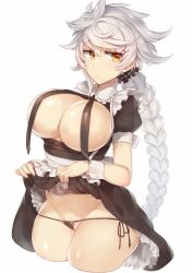 Rule 34 | 10s, 1girl, alternate costume, apron, asymmetrical hair, bad id, bad twitter id, black dress, black panties, braid, breasts, breasts out, cleavage, clothes lift, convenient censoring, cowboy shot, cropped legs, dress, dress lift, enmaided, expressionless, groin, hair between eyes, huge breasts, jitome, kantai collection, large breasts, lifted by self, long hair, looking at viewer, maid, maid apron, orange eyes, panties, panty pull, pokoten (pokoten718), puffy short sleeves, puffy sleeves, revealing clothes, short sleeves, side-tie panties, sideboob, silver hair, simple background, single braid, solo, string panties, thighs, underboob, underwear, unryuu (kancolle), very long hair, waist apron, white background, wrist cuffs, yellow eyes