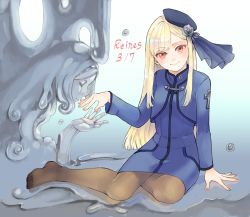 Rule 34 | 1girl, arm support, blonde hair, blue headwear, blue jacket, brown pantyhose, character name, closed mouth, commentary request, dated, fate (series), flower, gradient background, grey flower, hair ornament, hat, highres, imminent kiss, jacket, kiss, kissing hand, long hair, long sleeves, looking at viewer, lord el-melloi ii case files, monster girl, no shoes, pantyhose, red eyes, reines el-melloi archisorte, satou usuzuku, sitting, slime girl, smile, tilted headwear, trimmau (fate), white background
