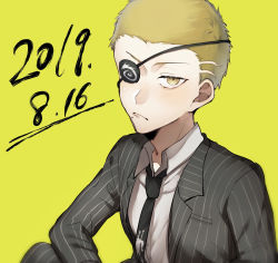 Rule 34 | 1boy, bad id, bad pixiv id, blonde hair, blush, closed mouth, collarbone, collared shirt, commentary request, danganronpa (series), danganronpa 2: goodbye despair, dated, dress shirt, formal, frown, highres, kuzuryu fuyuhiko, long hair, looking at viewer, male focus, necktie, shirt, short hair, simple background, solo, striped, suit, upper body, very short hair, yellow background, zabe o