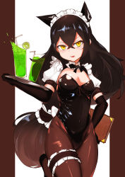 Rule 34 | 1girl, absurdres, alternate costume, bendy straw, black footwear, black gloves, black leotard, blush, breasts, bridal garter, brown background, brown hair, brown pantyhose, choumi wuti (xueye fanmang zhong), commentary request, covered navel, cup, drink, drinking glass, drinking straw, elbow gloves, enmaided, fang, girls&#039; frontline, gloves, gradient hair, hair between eyes, head tilt, headgear, highres, holding, holding menu, holding tray, judge (girls&#039; frontline), leotard, long hair, maid, maid headdress, medium breasts, menu, multicolored hair, pantyhose, parted lips, puffy short sleeves, puffy sleeves, revision, sangvis ferri, shoes, short sleeves, solo, standing, standing on one leg, strapless, strapless leotard, tray, two-tone background, v-shaped eyebrows, very long hair, white background, yellow eyes