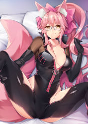 Rule 34 | 1girl, animal ear fluff, animal ears, black gloves, bodysuit, breasts, choker, cleavage, closed mouth, collarbone, commentary request, elbow gloves, fate/grand order, fate (series), fox ears, fox girl, fox tail, glasses, gloves, highres, koyanskaya (assassin) (first ascension) (fate), koyanskaya (fate), large breasts, long hair, looking at viewer, lying, on back, pillow, pink hair, ponytail, purple choker, smile, solo, spread legs, tail, tamamo (fate), thighs, tsuki tokage, yellow eyes