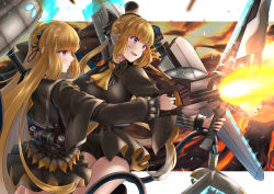 Rule 34 | 2girls, absurdres, ascot, ash arms, black border, black ribbon, black shirt, black shorts, blonde hair, blouse, border, bow, cloud, cloudy sky, commentary, expressionless, firing, flying, gun, hair bow, hair ribbon, highres, holding, holding gun, holding polearm, holding spear, holding weapon, letterboxed, light particles, long sleeves, looking to the side, mecha musume, multiple girls, numaguro (tomokun0808), open mouth, orange sky, outdoors, p-38 lightning (ash arms), polearm, ponytail, purple eyes, ribbon, shirt, short shorts, shorts, siblings, sidelocks, sisters, sky, smile, spear, sunset, weapon, wing collar, yellow ascot