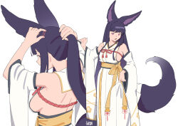 Rule 34 | 1girl, adjusting hair, animal ears, arms behind head, arms up, artist name, backless outfit, bare shoulders, black hair, blue archive, breasts, cosplay, detached sleeves, erune, fikkyun, fox ears, fox girl, fox tail, granblue fantasy, hair lift, hair tie, hakama, highres, holding, holding own hair, japanese clothes, kaho (blue archive), kaho (blue archive) (cosplay), kimono, large breasts, long hair, nape, ponytail, red eyes, red rope, rope, rubber band, sideboob, simple background, sleeveless, sleeveless kimono, solo, tail, tying hair, very long hair, white background, white hakama, white kimono, wide sleeves, yuel (granblue fantasy)