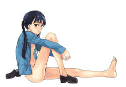 Rule 34 | 1girl, bad id, bad pixiv id, barefoot, black eyes, black hair, blazer, bottomless, breasts, chiba saori, feet, from side, frown, hourou musuko, jacket, kno1, long hair, nipples, no socks, open clothes, open shirt, shirt, shoes, single shoe, sitting, small breasts, solo, twintails