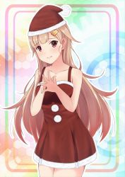 Rule 34 | 1girl, blonde hair, collarbone, cowboy shot, dress, floating hair, fur-trimmed dress, fur-trimmed headwear, fur trim, hair ornament, hairclip, hat, highres, kantai collection, long hair, looking at viewer, red dress, red eyes, red hat, santa costume, santa dress, santa hat, short dress, sleeveless, sleeveless dress, solo, standing, taka-chan, very long hair, yuudachi (kancolle), yuudachi kai ni (kancolle)