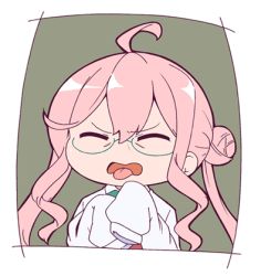 Rule 34 | 1girl, ahoge, commentary request, double bun, closed eyes, glasses, kantai collection, long hair, lowres, makigumo (kancolle), masaki itsuki, open mouth, oversized clothes, pink hair, sidelocks, sleeves past fingers, sleeves past wrists, solo, tongue, tongue out, upper body