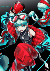Rule 34 | 1girl, 39, arm behind back, arm up, baggy pants, bare shoulders, black background, black footwear, black jacket, black tank top, blue eyes, blue hair, boots, chain necklace, crop top, cross-laced footwear, feet out of frame, glint, goggles, goggles on head, hatsune miku, highres, holding, holding megaphone, jacket, jewelry, lace-up boots, looking at viewer, magical mirai (vocaloid), magical mirai miku, magical mirai miku (2023), megaphone, multicolored hair, necklace, number tattoo, off shoulder, open clothes, open jacket, pants, quilted jacket, red hair, red jacket, red pants, shirt, simple background, sleeveless, sleeveless shirt, solo, tank top, tattoo, twintails, two-sided fabric, two-sided jacket, two-tone hair, vocaloid, yohki