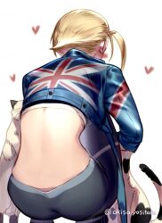 Rule 34 | 1girl, akisa yositake, animal, ass, back, back focus, blonde hair, blush, cammy white, cat, cropped jacket, facing away, flag print, from behind, heart, highres, long sleeves, looking back, short hair, solo, squatting, street fighter, street fighter 6, tight clothes, union jack, union jack print