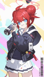 Rule 34 | 1girl, absurdres, black jacket, blue archive, blue eyes, collared shirt, cowboy shot, double bun, einheadt, grin, hair bun, halo, highres, holding, jacket, long sleeves, looking at viewer, maki (blue archive), open clothes, open jacket, pleated skirt, red hair, red halo, shirt, short hair, skirt, smile, solo, spray can, white shirt, white skirt