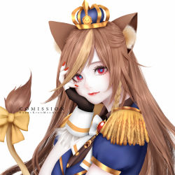 Rule 34 | 1girl, animal ear fluff, animal ears, black gloves, blue jacket, bow, commentary, commission, english commentary, epaulettes, fingerless gloves, gloves, hand on own face, hazumi aileen, highres, indie virtual youtuber, jacket, kyrie meii, light smile, lion ears, lion girl, lion tail, looking at viewer, nail polish, portrait, red nails, solo, tail, tail bow, tail ornament, virtual youtuber, white background, wrist cuffs, yellow bow
