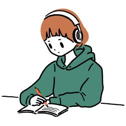 Rule 34 | 1girl, absurdres, book, brown hair, colored skin, expressionless, flat color, green hoodie, headphones, highres, holding, holding pen, hood, hoodie, long sleeves, open book, original, pen, short hair, simple background, solo, upper body, white background, white skin, yuna s illust