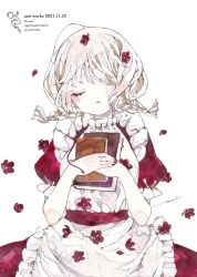 Rule 34 | 1girl, 2021, apron, artist logo, artist name, book, braid, closed eyes, cowboy shot, dated, dress, english text, facing viewer, flower, frilled apron, frills, hair over one eye, highres, holding, holding book, nail polish, original, painting (medium), parted lips, petals, puffy short sleeves, puffy sleeves, red dress, red flower, red nails, short sleeves, signature, simple background, solo, straight-on, traditional media, twin braids, umi cryblue, upper body, waist apron, watercolor (medium), white apron, white background, white hair
