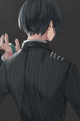 Rule 34 | 1boy, back, back focus, black hair, black jacket, commentary request, danganronpa (series), danganronpa v3: killing harmony, facing away, from behind, grey background, hand up, highres, holding, jacket, long sleeves, male focus, null (skev7724), saihara shuichi, short hair, simple background, solo, striped clothes, striped jacket, upper body