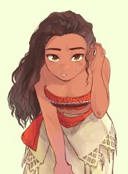 Rule 34 | 1girl, bandeau, bare arms, bare shoulders, breasts, brown eyes, brown hair, dark-skinned female, dark skin, disney, expressionless, hair slicked back, hand in own hair, long hair, looking at viewer, moana (movie), moana waialiki, pano (mohayayamai), simple background, skirt, solo, solo focus, strapless, sweat, tank top, teeth, tube top, upper body, yellow background