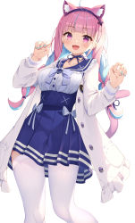 Rule 34 | 1girl, absurdres, ahoge, anchor print, anchor symbol, animal ears, blue hair, blue nails, blush, bow, bowtie, braid, breasts, buttons, cat ears, cat tail, choker, collarbone, commentary request, dress, fingernails, frills, hairband, highres, hololive, jacket, keis (locrian1357), long hair, long sleeves, looking at viewer, medium breasts, minato aqua, minato aqua (sailor), multicolored hair, nail polish, open clothes, paw pose, purple hair, shiny clothes, shiny skin, short dress, simple background, skirt, solo, tail, thighhighs, twin braids, twintails, virtual youtuber, white background, white thighhighs, zettai ryouiki